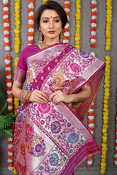 Regal Silver Zari Worked Magenta Heavy Banarasi Saree